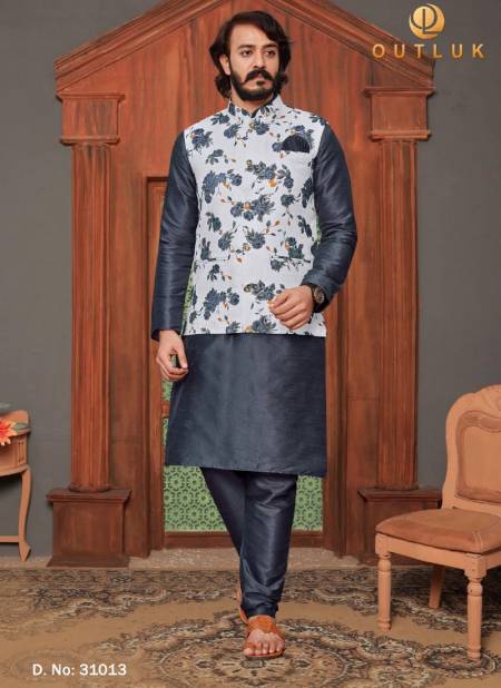 Gray And White Colour Exclusive Festive Wear Digital Art Silk Printed Kurta Pajama With Jacket Mens Collection 31013